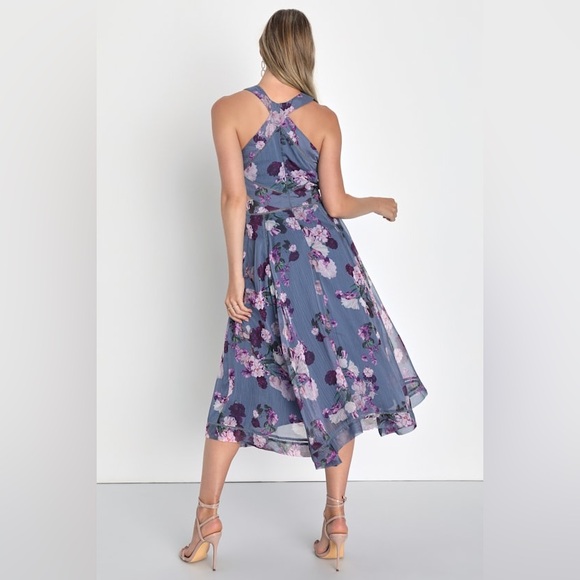 Precious Attitude Slate Blue Floral Handkerchief Midi Dress Size L NWT - Picture 2 of 4